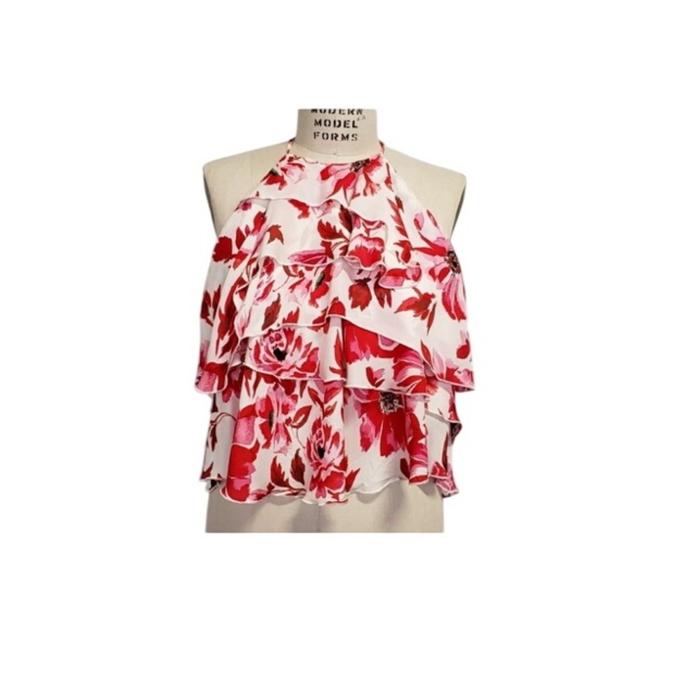 Intermix Women Red Pink Floral 100% Silk Tiered Ruffle Halter Neck Top Size S